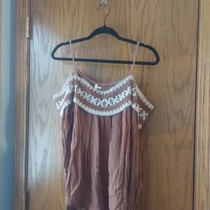 Maurices Brown and White Boho Blouse Cold Shoulder Lacey Large Trendy Festival